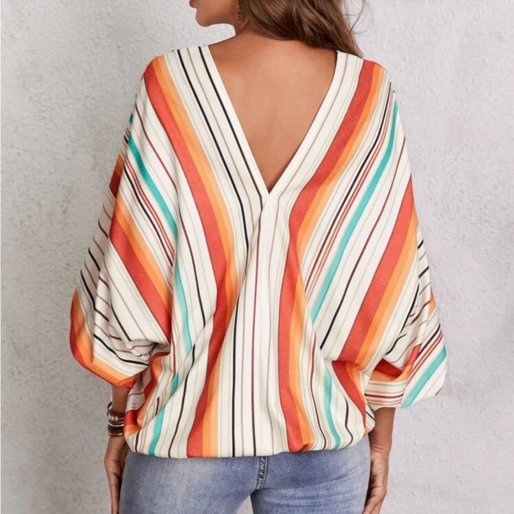 Striped V-neck Batwing Sleeve Blouse - Picture 2 of 2